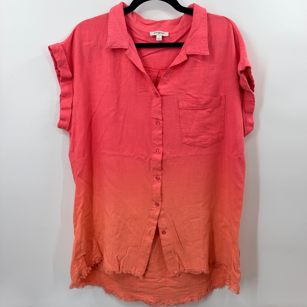 Umgee Coral Pink Orange Ombre Linen Blend Frayed Hem Button Down Top Large A6205